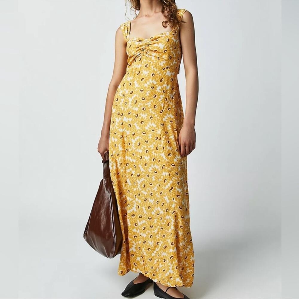 Free People Women’s Rosalee Midi Dress Yellow Combo Sunflowers Floral Print Sz M